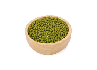 Mung beans in wood bowl isolated on white background