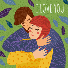 Obraz na płótnie Canvas I love you. A man hugs and kiss a woman. Cute vector for cards, banners and posters. Freehand illustraton