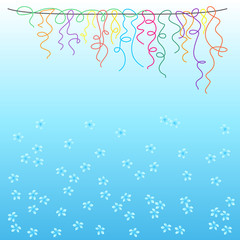 Background with illustration of colored ribbons for the lace and flowers on a blue background for a children's party, colorful ribbons sets to execute the concept of the invitation to the feast