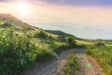 Crimea, Kerch. Nature reserve - dirt road. Hiking landscape park