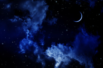 Fototapeta na wymiar Night sky with clouds and moon. Universe filled with stars, nebula and galaxy
