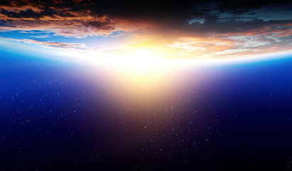 Earth with sunrise on blue space background