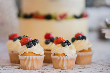 Candy bar with tasty desserts and appetizers at wedding reception. Decorated with flower compositions and candles. Sweet food, dessert, buffet, catering table, restaurant.