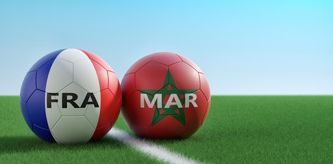 France vs. Morocco Soccer Match - Soccer balls in France and Morocco national colors on a soccer field. Copy space on the right side - 3D Rendering