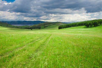 Blue sky with white clouds, fields and meadows with green grass, on the background of mountains. Composition of nature. Rural summer landscape.