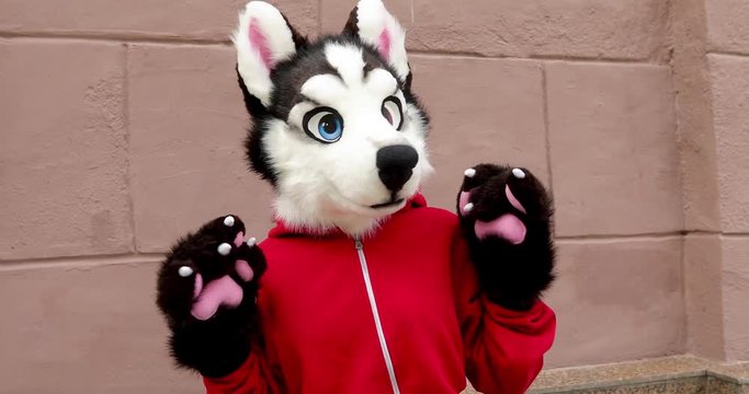 Life-size puppet dog dancing on background of a wall in the street