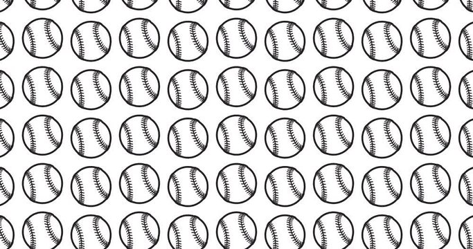 Baseball balls background clip motion backdrop video in a seamless repeating loop.  Black and white sports themed baseball icon pattern background high definition motion video clip