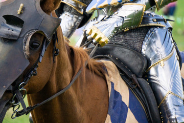 A medieval knight sitting on a horse wearing shining armour