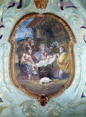 Nativity Scene, Adoration of the Shepherds, fresco on the ceiling of the Church of Our Lady of the Snow in Belec, Croatia