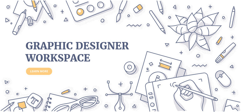 Creative designer desk with stationary objects pencils, markers and design symbols. Top view on graphic designer workspace. Flat lay. Doodle illustration for web banners or hero images