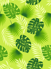 Fototapeta na wymiar Tropical green leaves seamless pattern on light green background. Vector illustration.