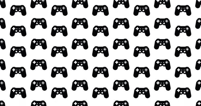 Video games background clip motion backdrop video in a seamless repeating loop. Black & white modern video game controller icon pattern background high definition motion video clip