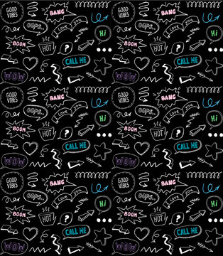 Doodle style seamless pattern with speech bubbles and comic style elements, hand drawn illustration on a chalkboard