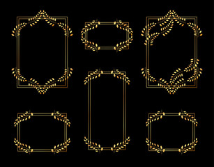 Set of elegant floral frames isolated on black background. Collection of vintage gold frames with foliage decoration. Vector illustration.