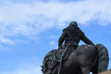 National memorial on Vitkov hill, Zizkov, Prague, Czech Republic / Czechia - Equestrian statue of Jan Zizka, legend and famous hero. Bronze sculpture of rider and horse on pedestal