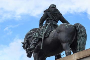 National memorial on Vitkov hill, Zizkov, Prague, Czech Republic / Czechia - Equestrian statue of Jan Zizka, legend and famous hero. Bronze sculpture of rider and horse on pedestal