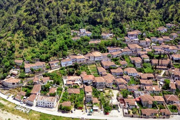 The albanian ancient city of Berat, designated a UNESCO World Heritage Site in 2008. Top view from the Berat Castle to Gorica quarter 