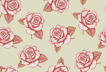 Hand-drawn roses seamless pattern green and pink colors, vector. Sketch roses pattern