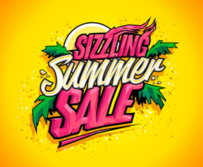 Sizzling summer sale vector banner, hot tropical design concept