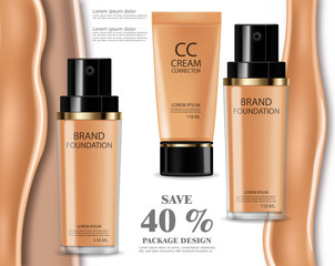 Foundation cream Vector realistic cosmetics. Product placement. Pouring liquid 3d detailed illustrations