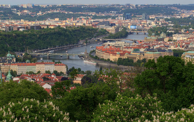 Fototapeta na wymiar Prague, Czech Republic skyline with historic Charles Bridge. Boat cruise on Vltava river