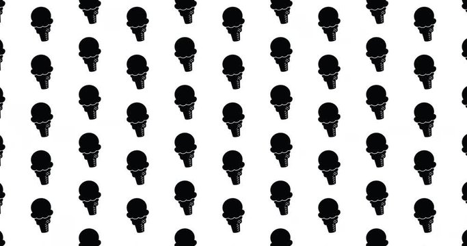 Illustrated ice cream cones background video clip motion backdrop video in a seamless repeating loop. Black & white  icecream cone icon summer dessert pattern white background high definition video