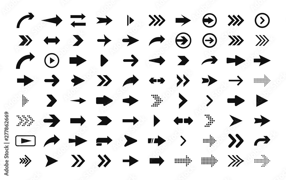 Poster arrows big set of black flat icons, symbols, signs. arrow icon. vector collection for web design, in