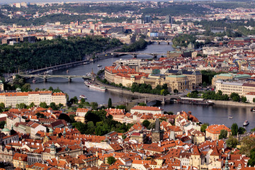 Fototapeta na wymiar Top view of the old beautiful city with the river and bridges. Toned
