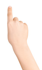 Obraz premium Child's hand touching or pointing to something by forefinger, isolated on white background. Top view.