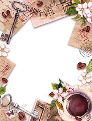 Vintage card with old paper, letters with coffee or tea cup, flowers, hand written text, keys. Retro design in french style