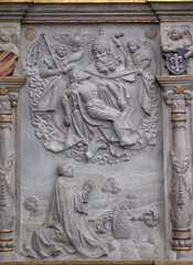 Epitaph to Cathedral provost Moritz von Hutten who died as the Bishop of Eichstatt and was buried there in Wurzburg Cathedral dedicated to Saint Kilian, Bavaria, Germany
