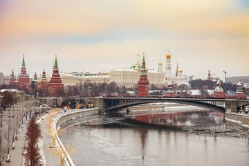 Moscow Kremlin and river day winter glowing panorama