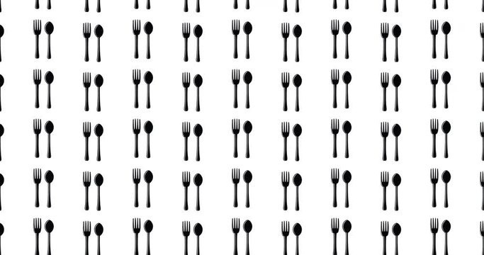 Illustrated fork and spoon background video clip motion backdrop video in a seamless repeating loop. Black & white silverware icons kitchen food pattern white background high definition motion video