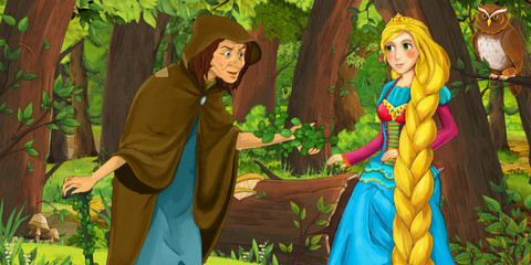 Plakat cartoon scene with happy young girl princess and sorceress witch in the forest encountering pair of owls flying - illustration for children