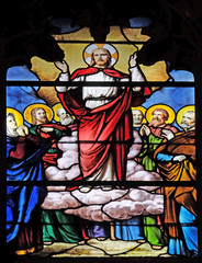 Transfiguration of Jesus, stained glass window in Saint Severin church in Paris, France