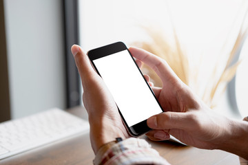 woman using Smartphone. Blank screen mobile phone for graphic display montage.networking service..