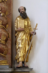 Obraz premium Saint Paul statue on the Beheading of John the Baptist altar in Maria im Grunen Tal pilgrimage church in Retzbach in the Bavarian district of Main-Spessart, Germany