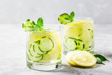 Summer refreshing drinks, lemon cucumber mint infused water. Selective focus, space for text.