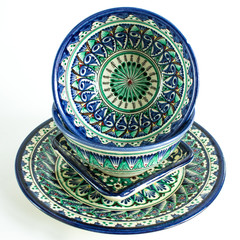 Set of Uzbek national dishes with Oriental ornament