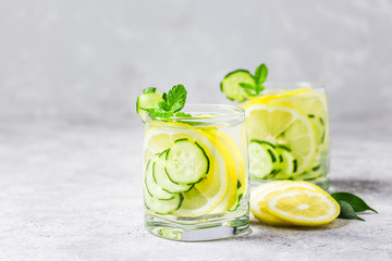 Summer refreshing drinks, lemon cucumber mint infused water. Selective focus, space for text.