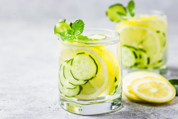 Summer refreshing drinks, lemon cucumber mint infused water. Selective focus, space for text.