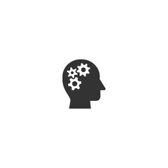Human head with cogwheel black isolated vector icon. Head profile symbol, idea and innovation concept image.