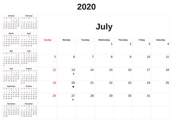 2020 a monthly calendar  with white background.