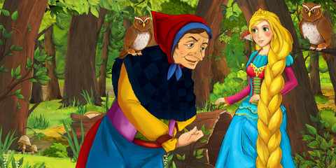 Obraz na płótnie Canvas cartoon scene with happy young girl princess and sorceress witch in the forest encountering pair of owls flying - illustration for children