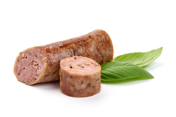 Grilled Homemade Sausages, close-up, isolated on white background