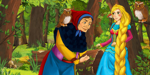 Obraz na płótnie Canvas cartoon scene with happy young girl princess and sorceress witch in the forest encountering pair of owls flying - illustration for children
