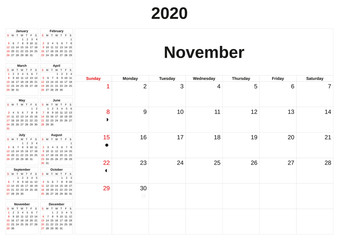 2020 a monthly calendar  with white background.