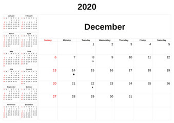 2020 a monthly calendar  with white background.