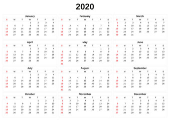 2020 annual calendar with white background.