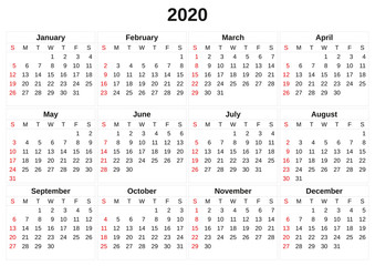 2020 annual calendar with white background.